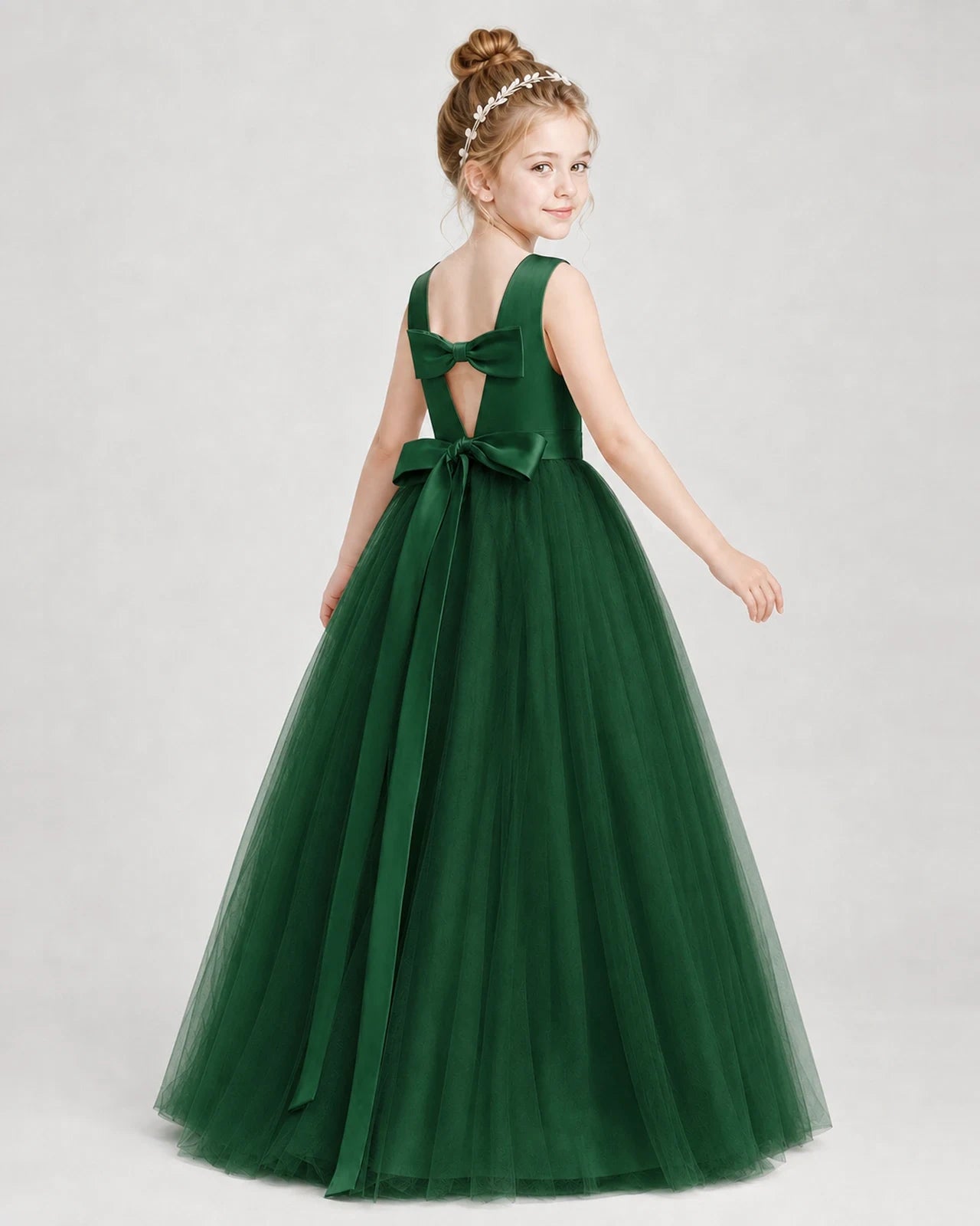 Dideyttawl Double Back Bow Satin Tulle Girl Formal Dress