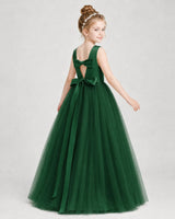 Dark green satin and tulle A-line dress girls formal dresses back view