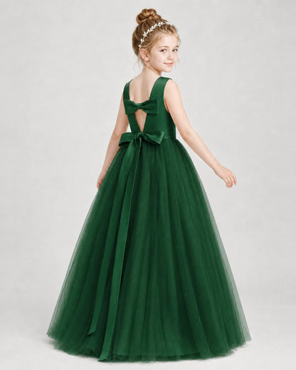 Dideyttawl Double Back Bow Satin Tulle Girl Formal Dress