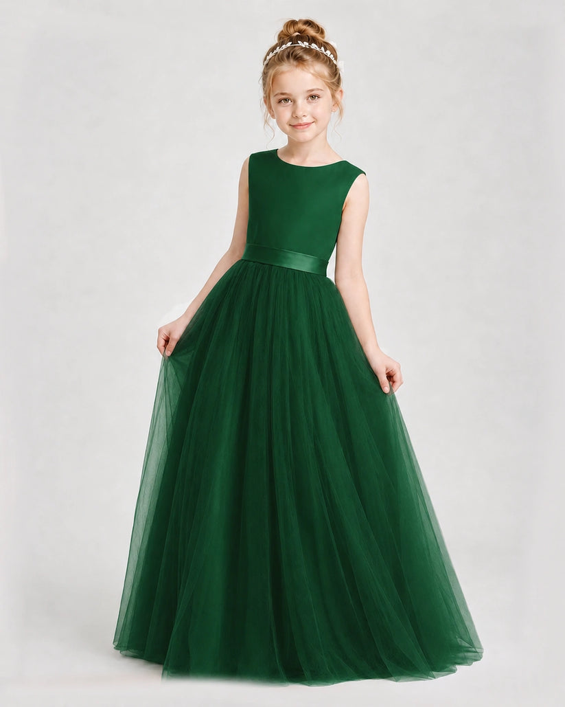 Dark Green Satin and Tulle A-Line Girls Formal Dresses Front View