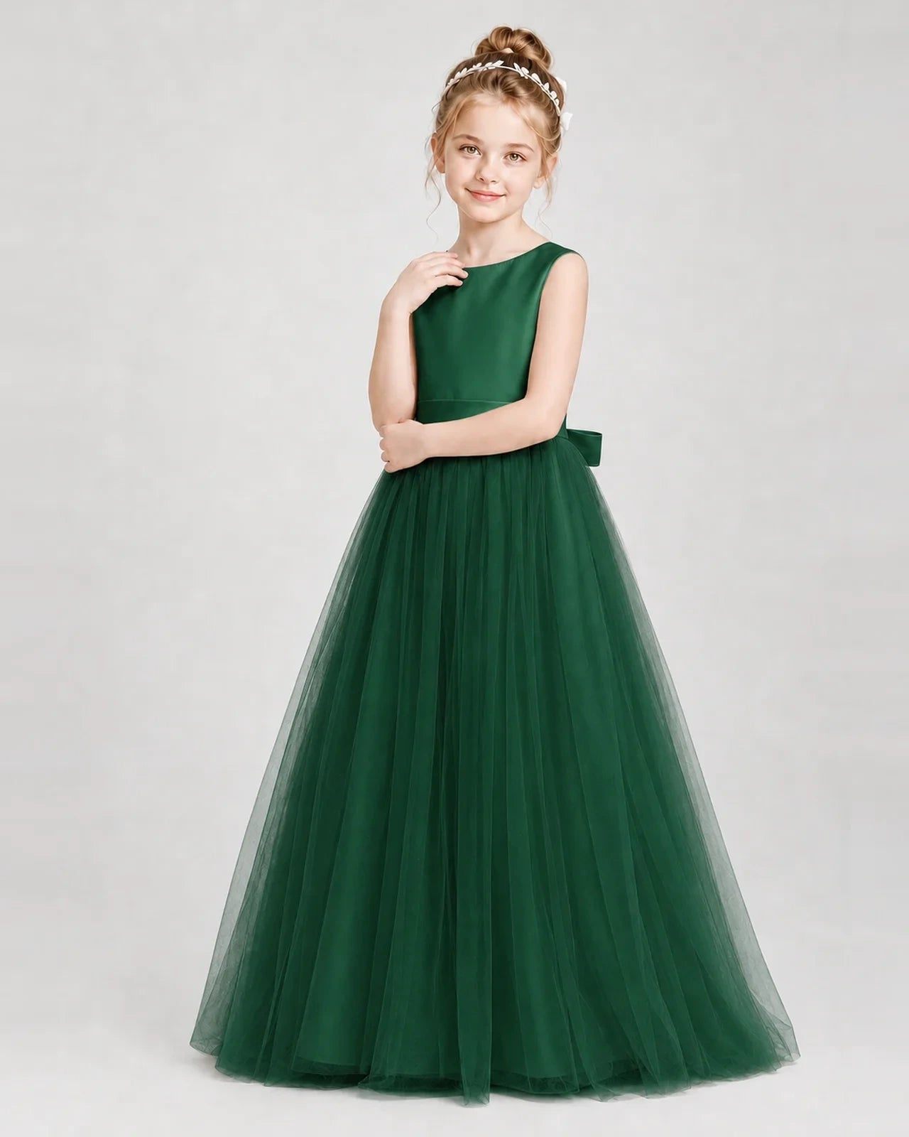 Dideyttawl Double Back Bow Satin Tulle Girl Formal Dress