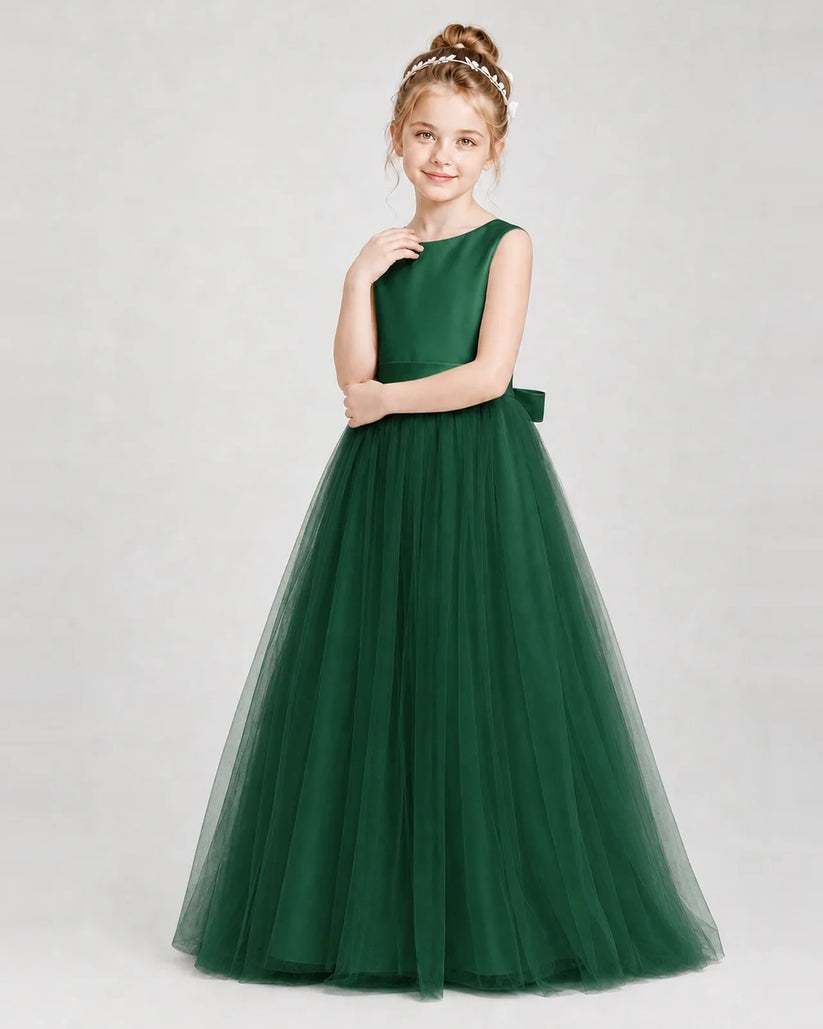 Dark Green Satin Tulle A-Line Girls Formal Dresses Side View