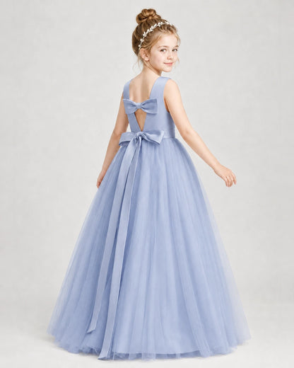 Dideyttawl Double Back Bow Satin Tulle Girl Formal Dress