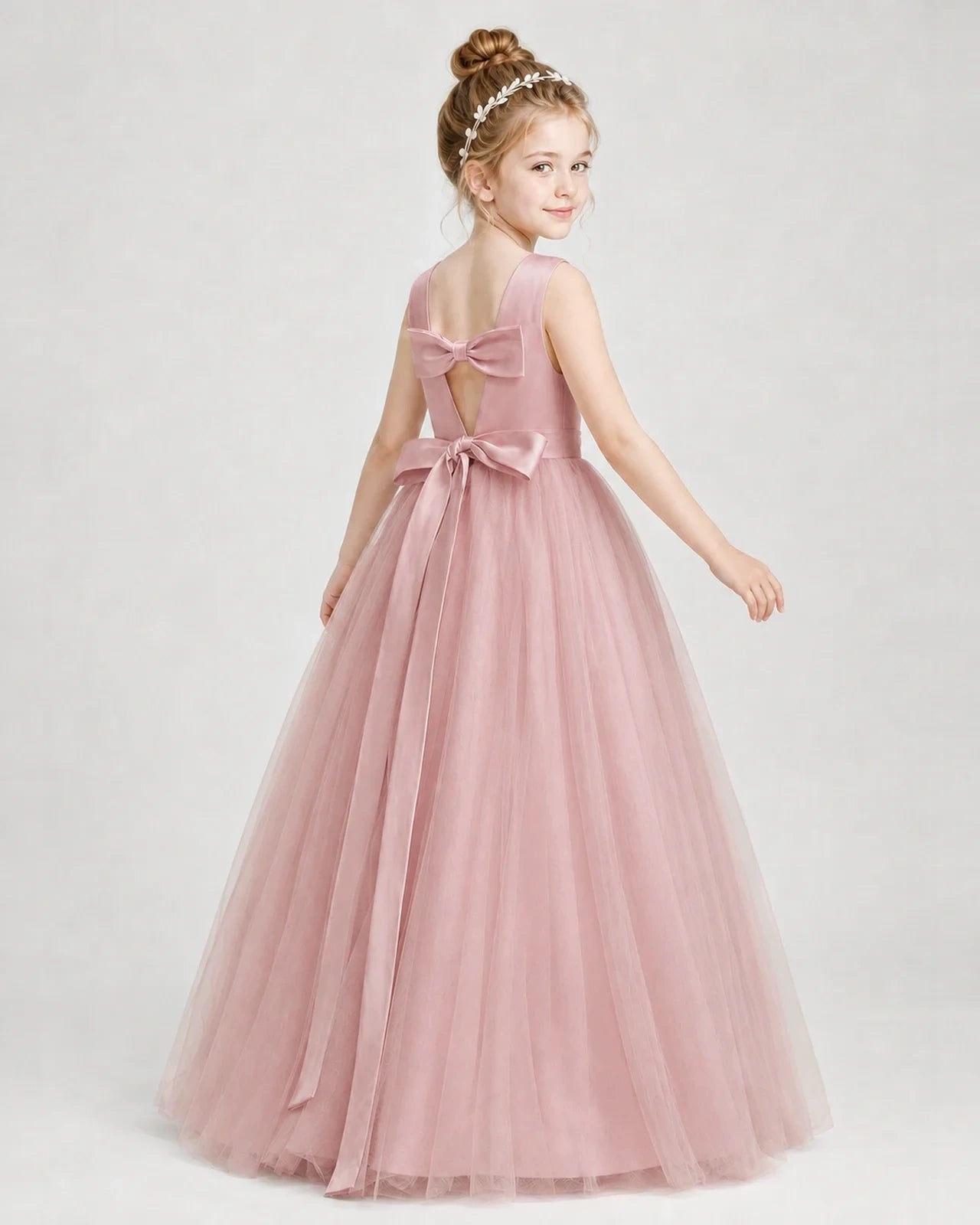Dideyttawl Double Back Bow Satin Tulle Girl Formal Dress