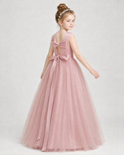 Dideyttawl Double Back Bow Satin Tulle Girl Formal Dress