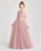 Dusty Rose Satin Tulle A-Line Girls Formal Dresses Front View