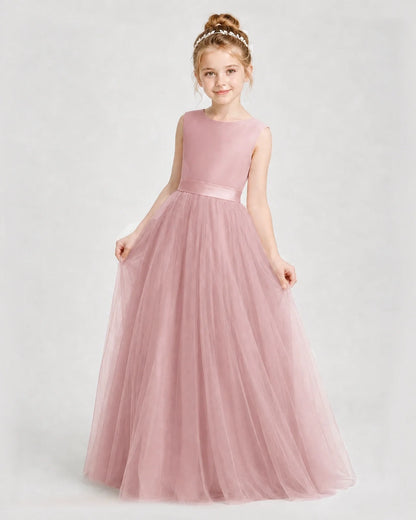 Dideyttawl Double Back Bow Satin Tulle Girl Formal Dress