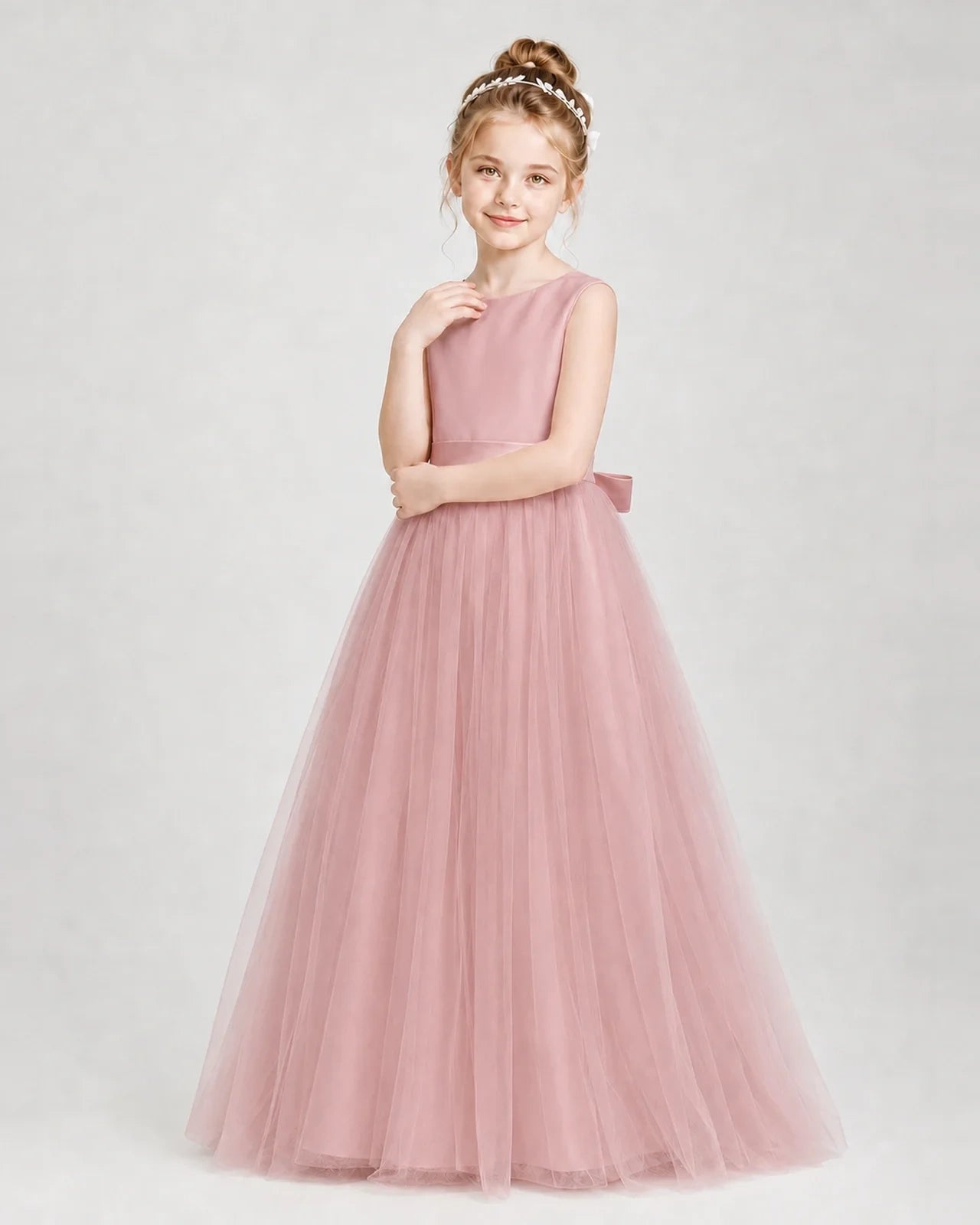 Dideyttawl Double Back Bow Satin Tulle Girl Formal Dress