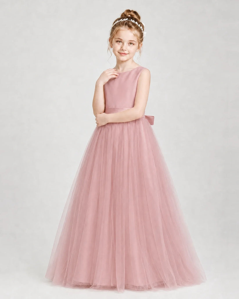 Dusty Rose Satin Tulle A-Line Girls Formal Dresses Side View