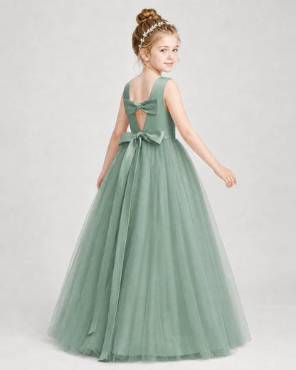 Dideyttawl Double Back Bow Satin Tulle Girl Formal Dress