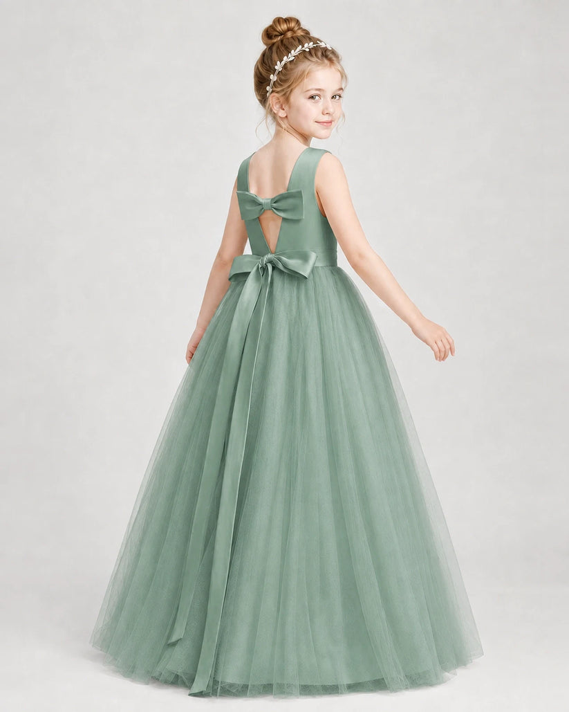 Eucalyptus Satin Tulle A-Line Girls Formal Dresses Back View