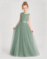 Eucalyptus Satin and Tulle A-Line Girls Formal Dresses Front View