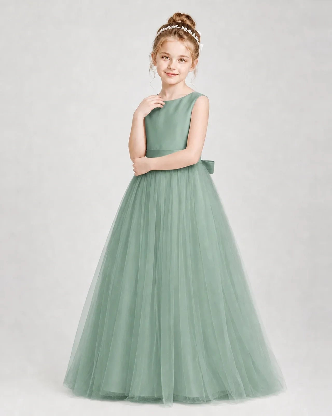 Dideyttawl Double Back Bow Satin Tulle Girl Formal Dress