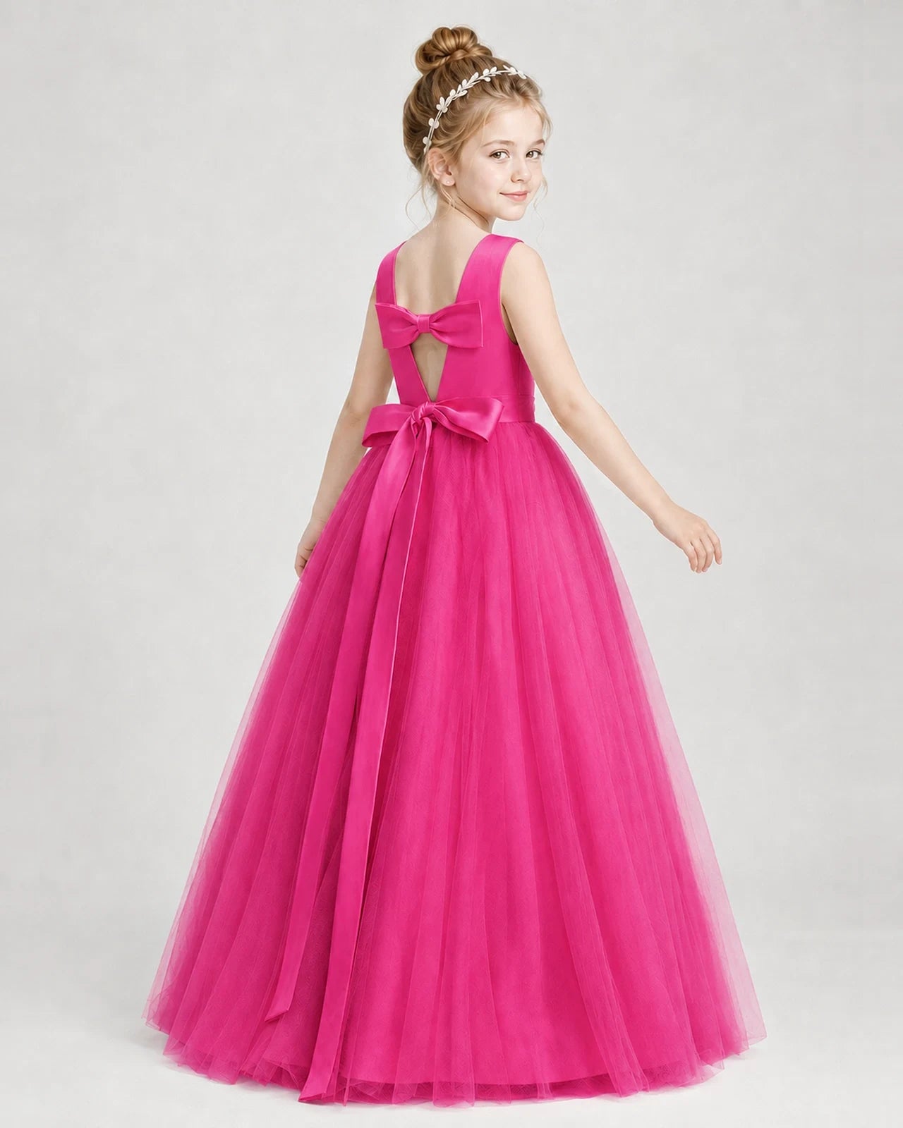 Dideyttawl Double Back Bow Satin Tulle Girl Formal Dress