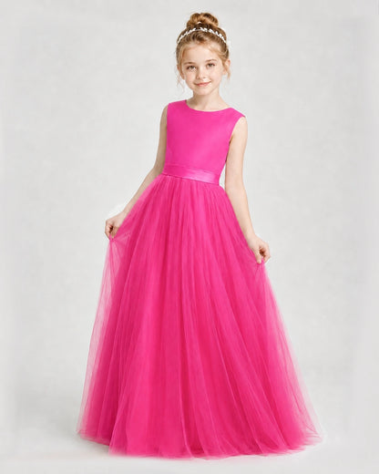 Dideyttawl Double Back Bow Satin Tulle Girl Formal Dress
