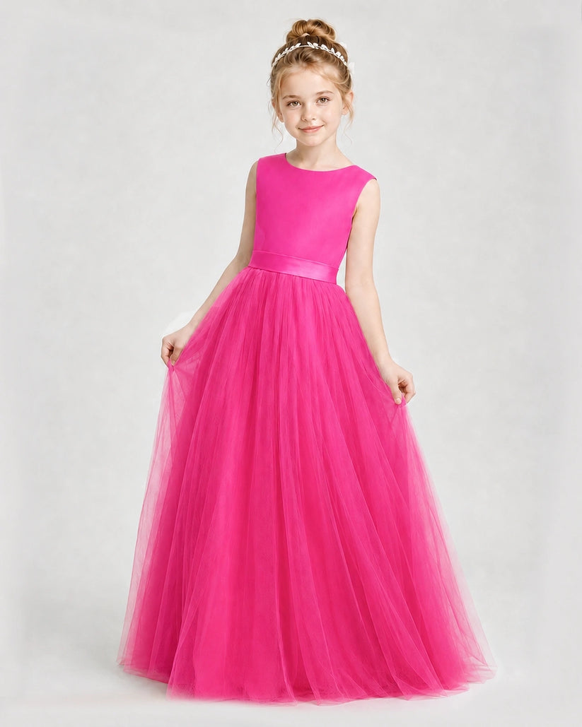 Hot Pink Satin and Tulle Ball Gown Girls Formal Dresses Front View