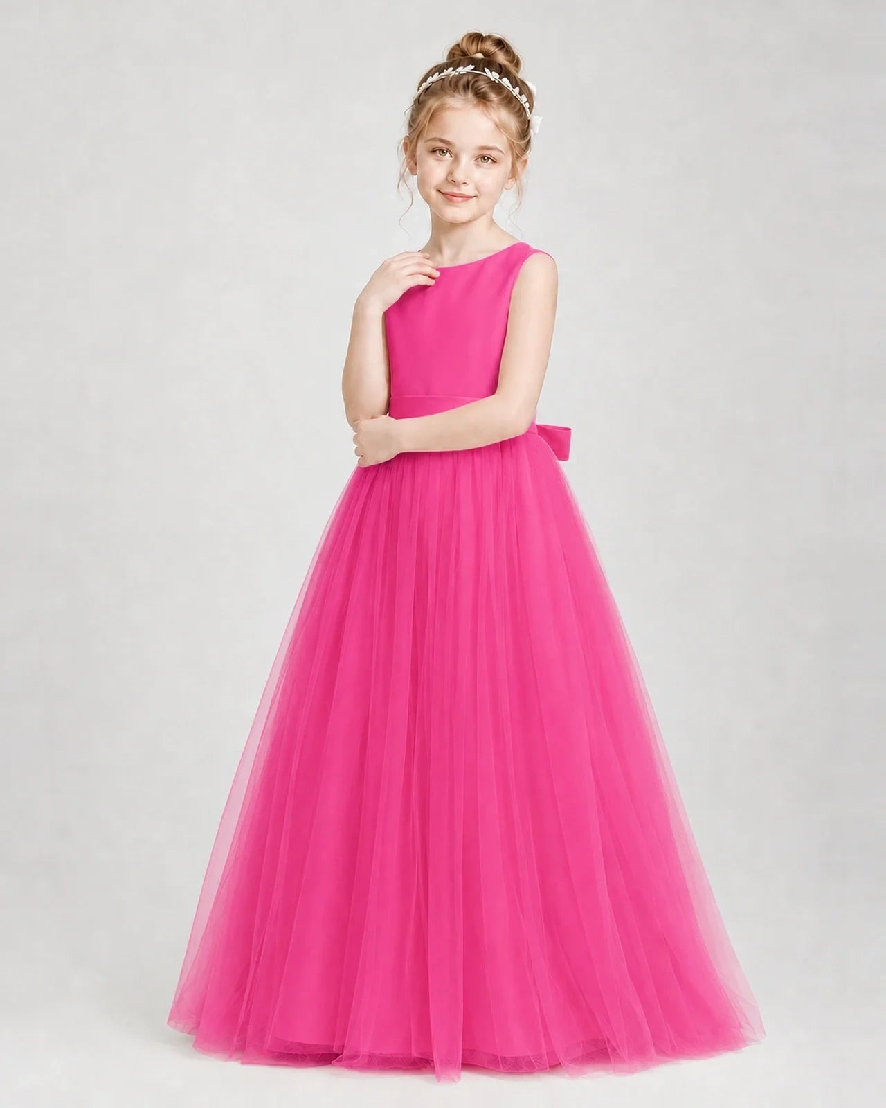 Dideyttawl Double Back Bow Satin Tulle Girl Formal Dress