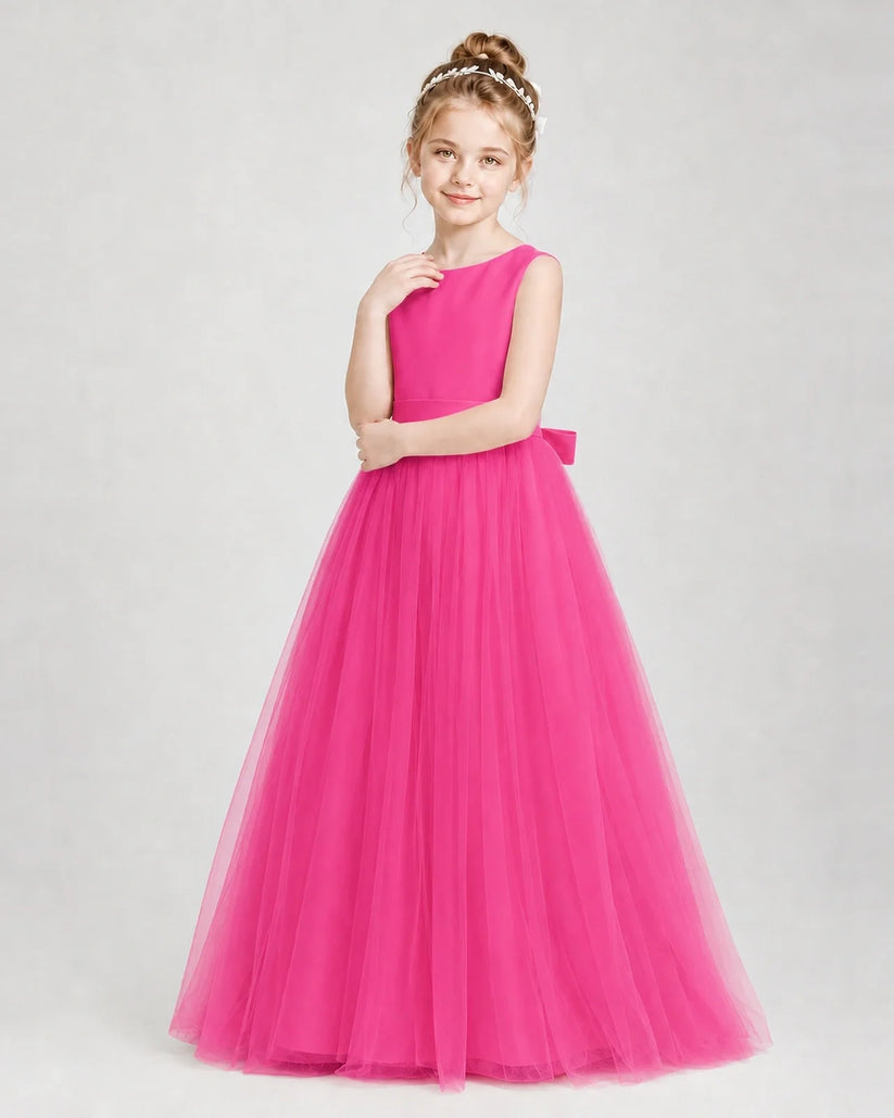 Hot Pink Satin Tulle A-Line Girls Formal Dresses Side View