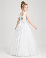 Ivory Satin Tulle Bow A-Line Girls Formal Dresses Back View