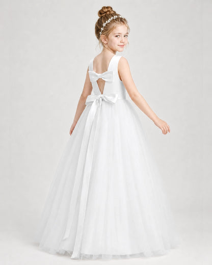 Dideyttawl Double Back Bow Satin Tulle Girl Formal Dress