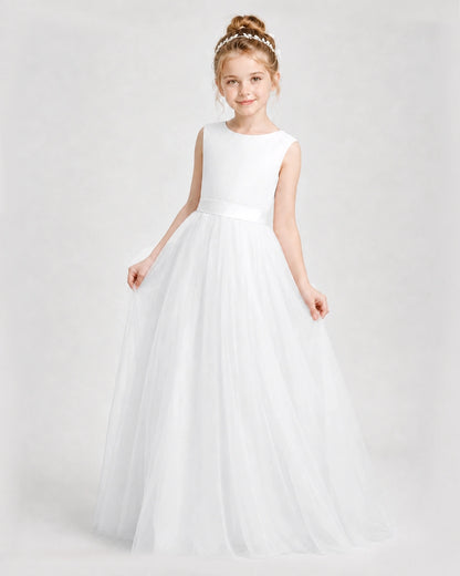 Dideyttawl Double Back Bow Satin Tulle Girl Formal Dress