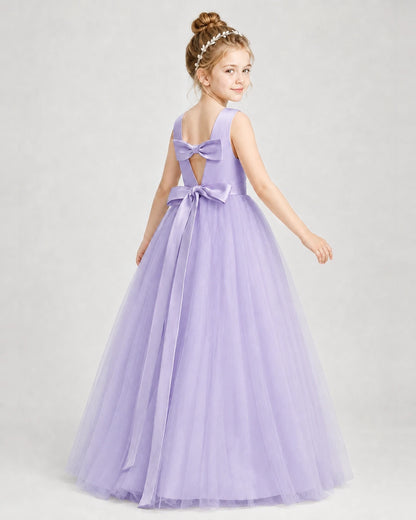 Dideyttawl Double Back Bow Satin Tulle Girl Formal Dress