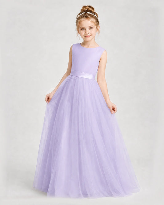 Lavender Satin and Tulle A-Line Girls Formal Dresses Front View