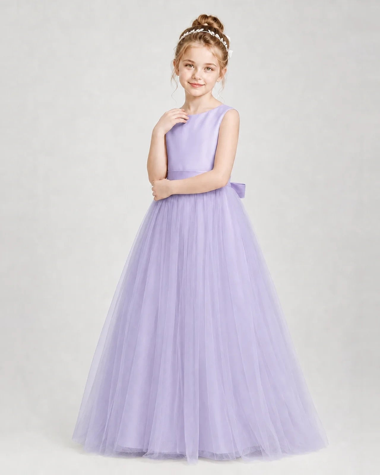 Dideyttawl Double Back Bow Satin Tulle Girl Formal Dress