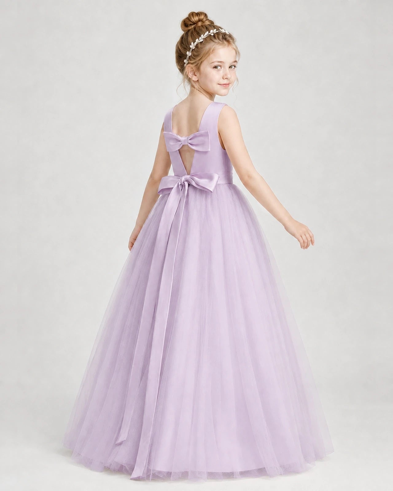 Dideyttawl Double Back Bow Satin Tulle Girl Formal Dress