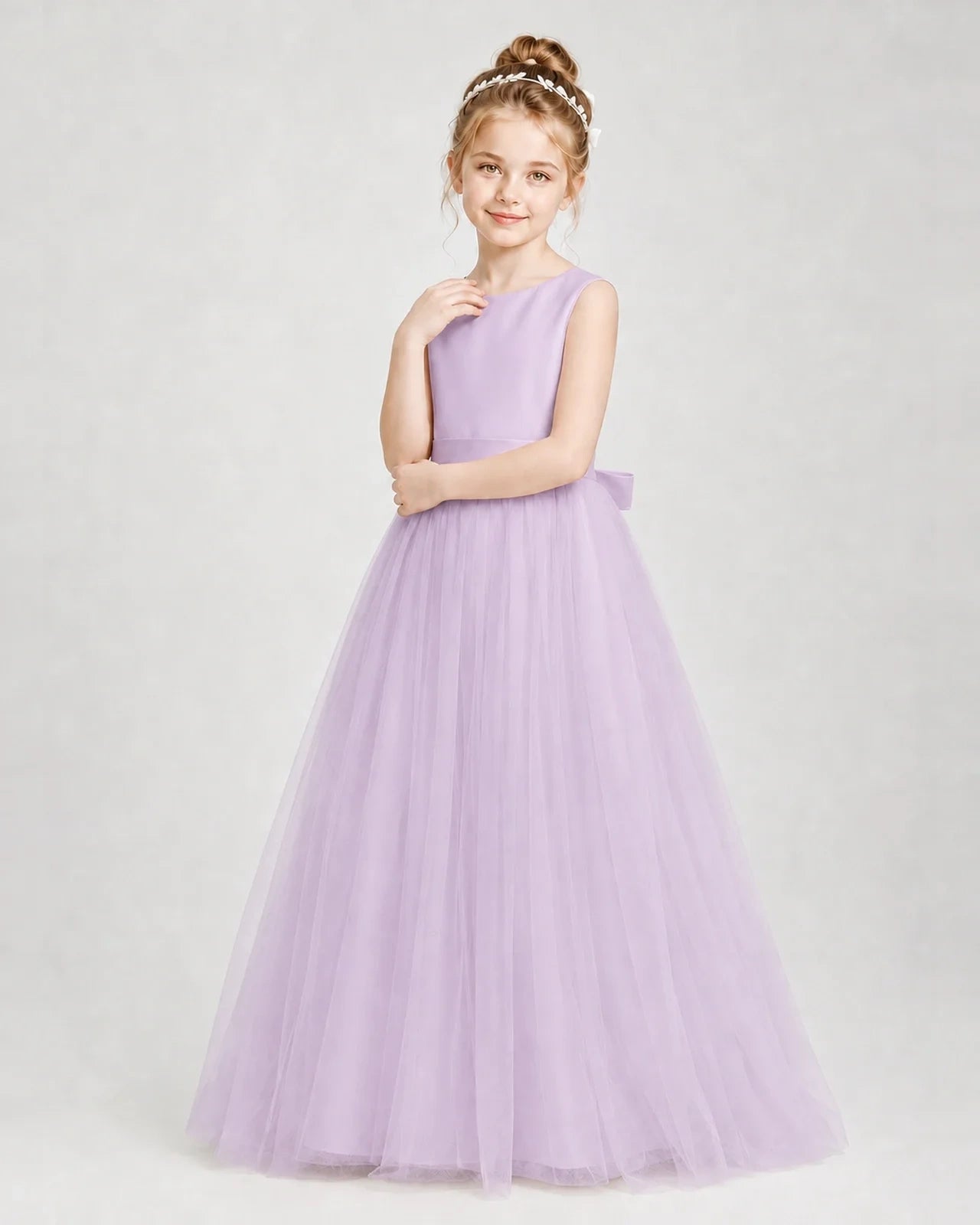 Dideyttawl Double Back Bow Satin Tulle Girl Formal Dress