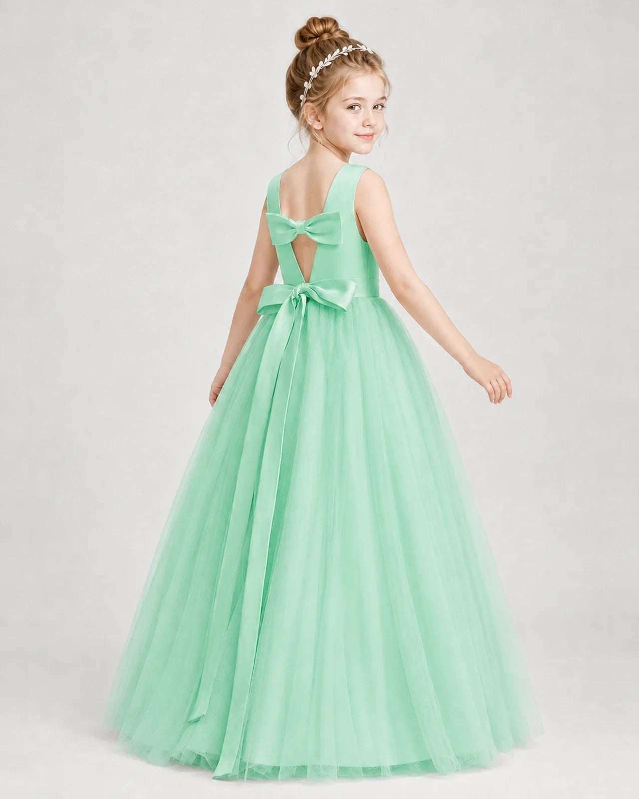 Dideyttawl Double Back Bow Satin Tulle Girl Formal Dress