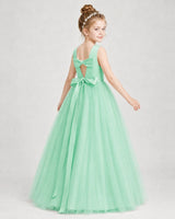 Mint green satin and tulle bow-back girls formal dress, back view