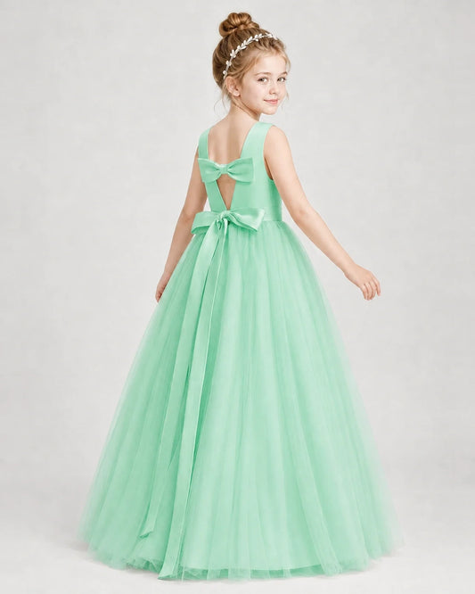 Mint green satin and tulle bow-back girls formal dress, back view