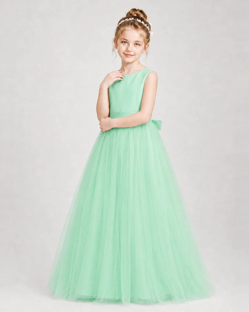 Mint Green Satin and Tulle A-Line Girls Formal Dresses Side View