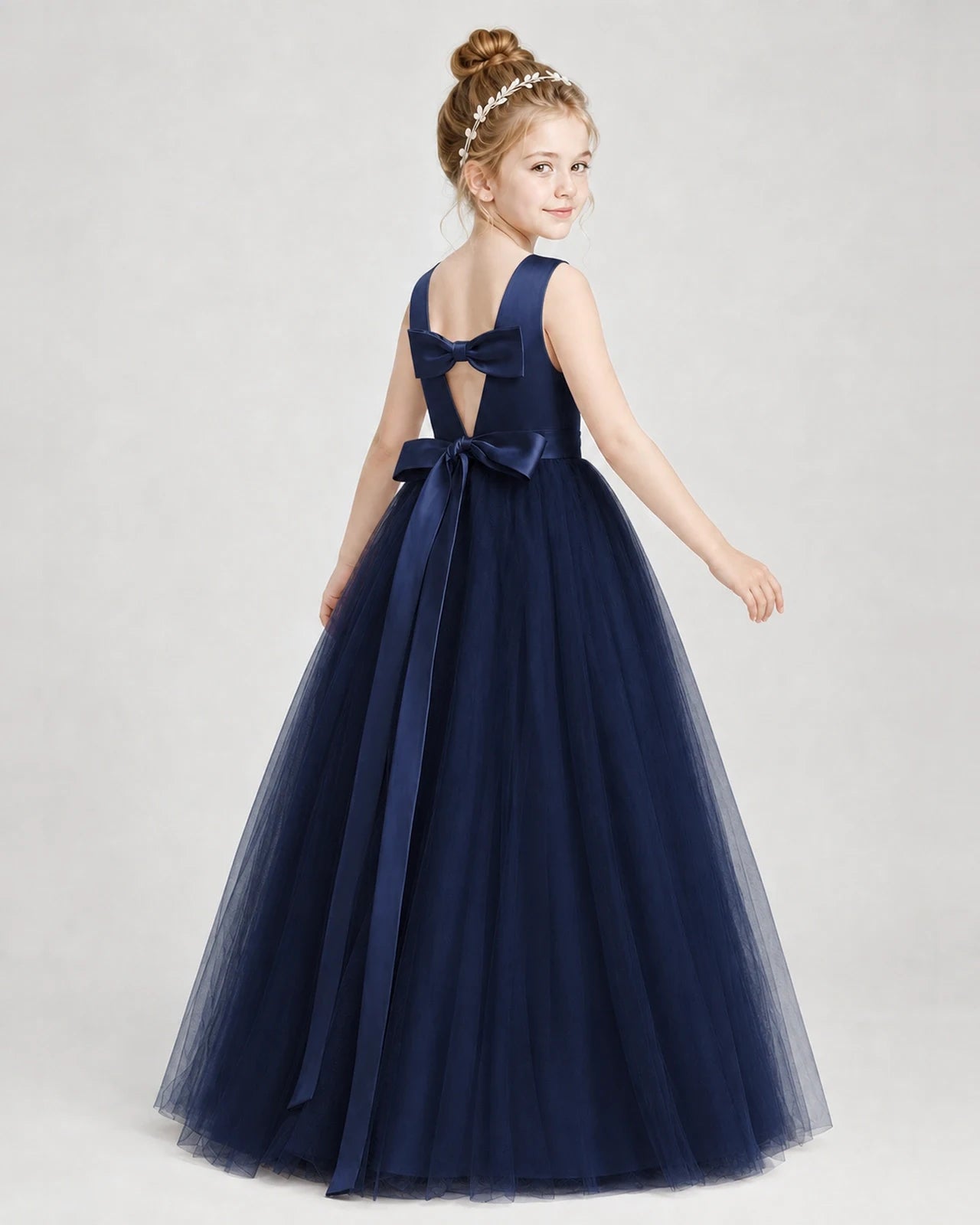 Dideyttawl Double Back Bow Satin Tulle Girl Formal Dress