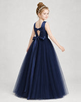 Navy Blue Satin Tulle Bow A-Line Girls Formal Dresses Back View