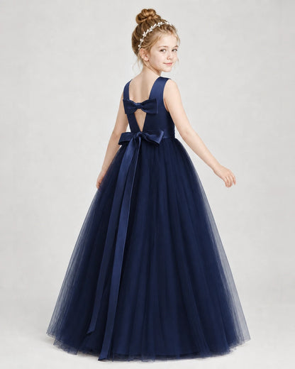 Dideyttawl Double Back Bow Satin Tulle Girl Formal Dress