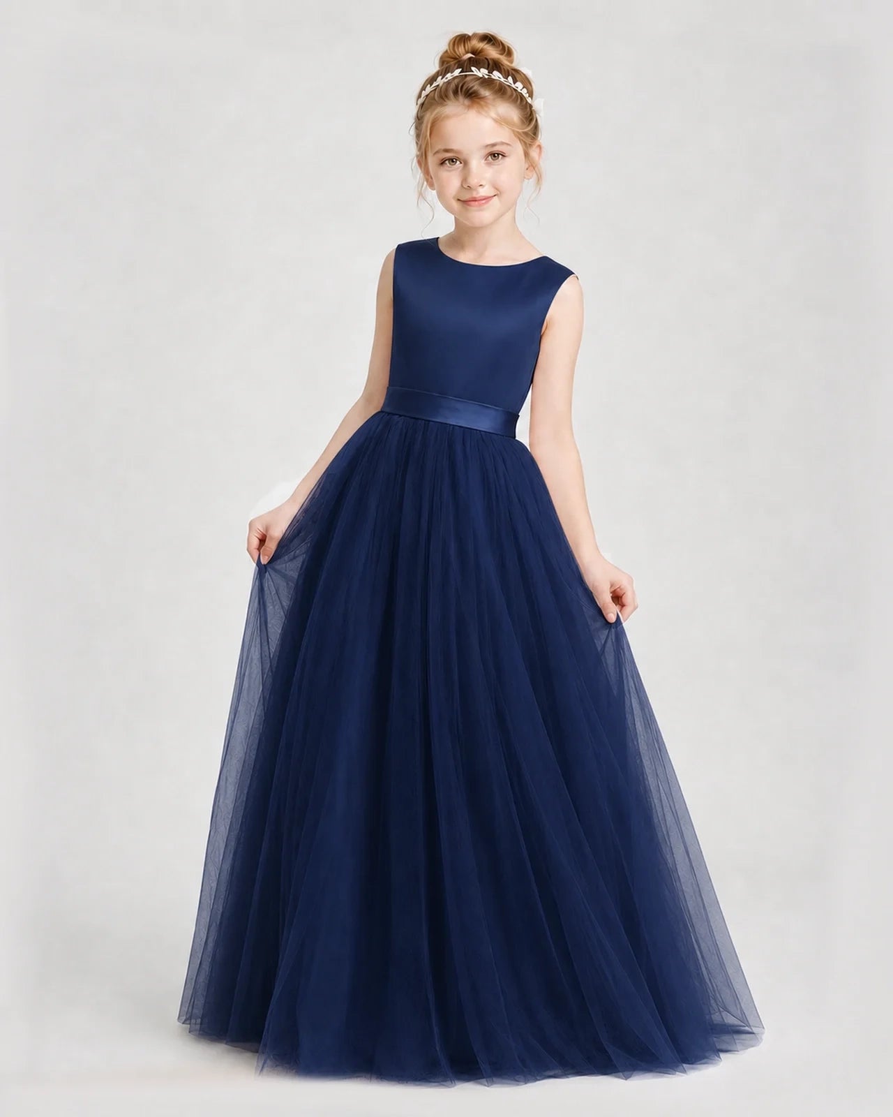 Dideyttawl Double Back Bow Satin Tulle Girl Formal Dress