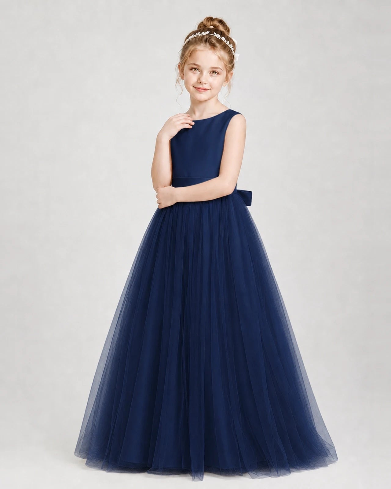 Dideyttawl Double Back Bow Satin Tulle Girl Formal Dress