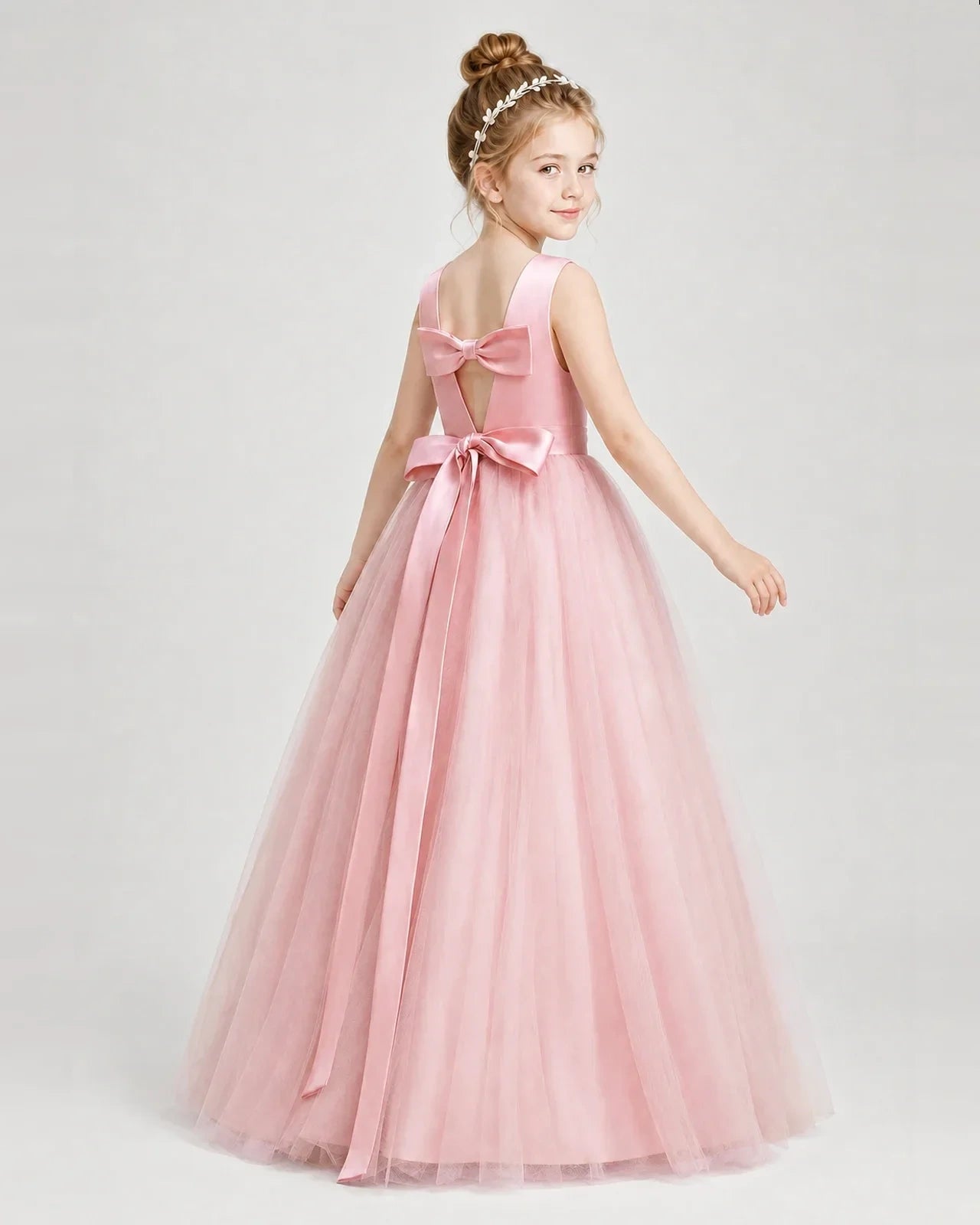 Dideyttawl Double Back Bow Satin Tulle Girl Formal Dress