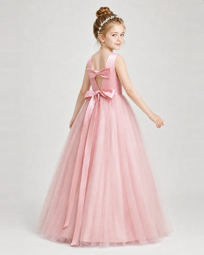 Dideyttawl Double Back Bow Satin Tulle Girl Formal Dress
