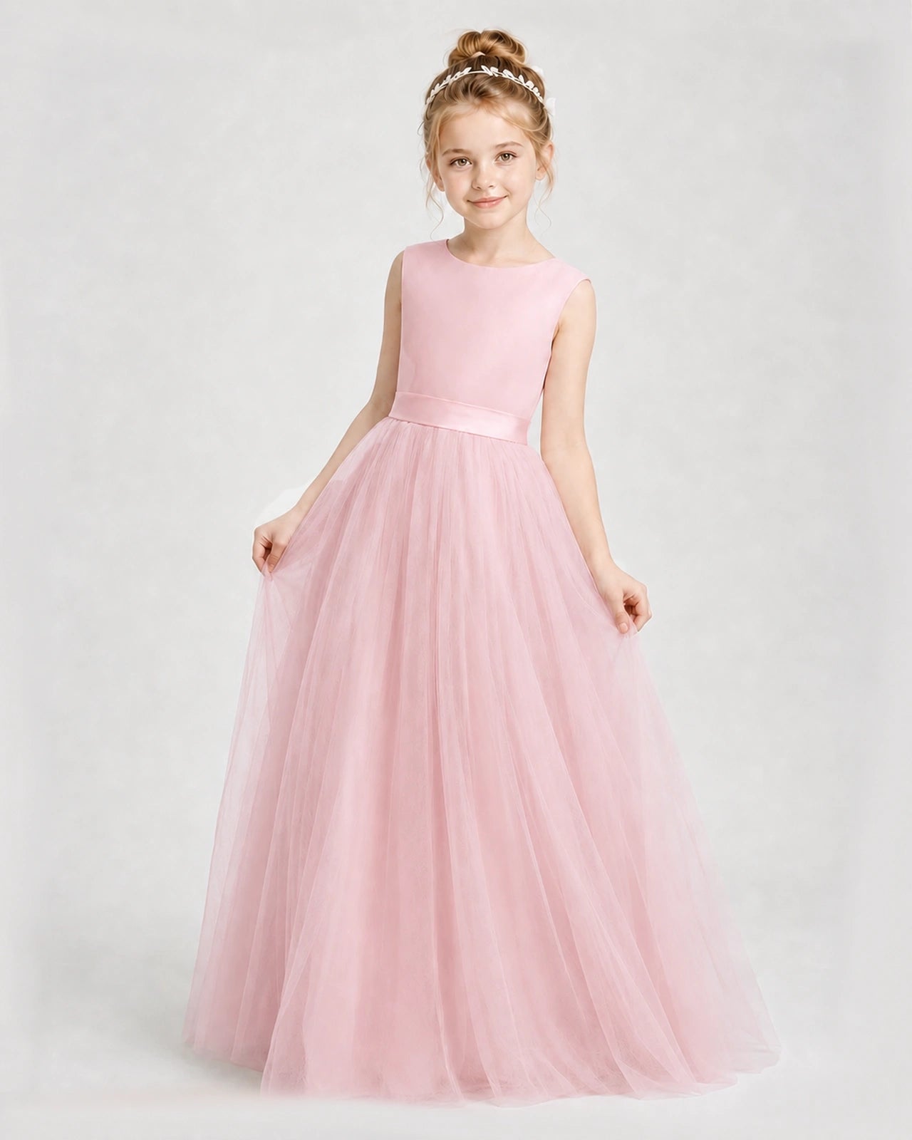 Dideyttawl Double Back Bow Satin Tulle Girl Formal Dress