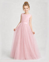 Pink Satin Tulle A-Line Girls Formal Dresses Front View