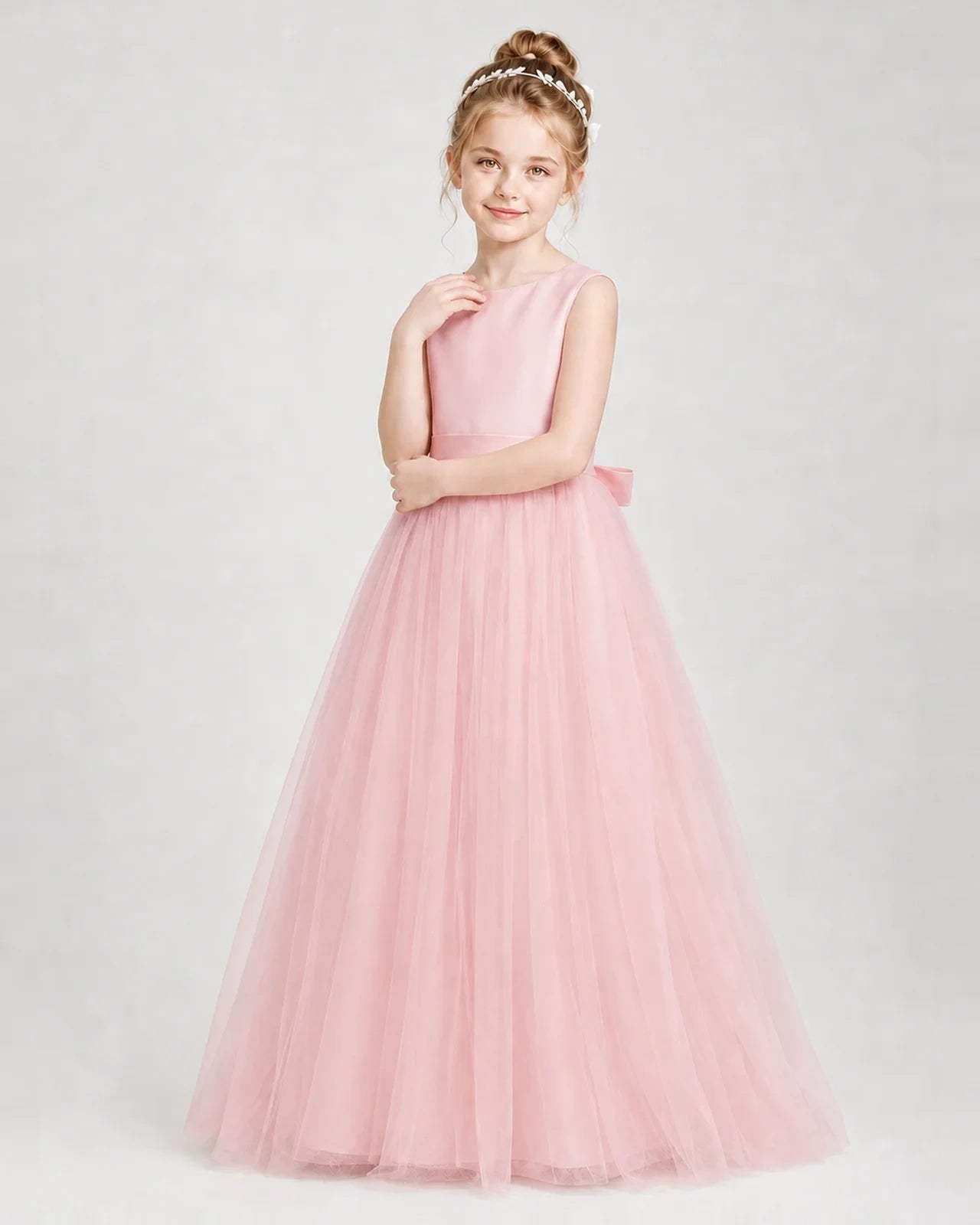 Dideyttawl Double Back Bow Satin Tulle Girl Formal Dress