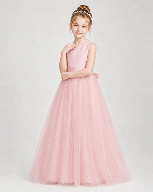 Pink Satin and Tulle A-Line Girls Formal Dresses Side View