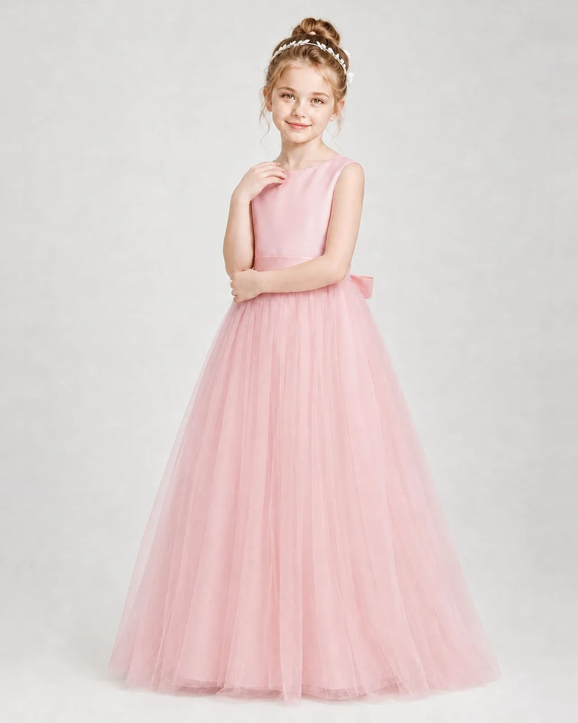 Pink Satin and Tulle A-Line Girls Formal Dresses Side View