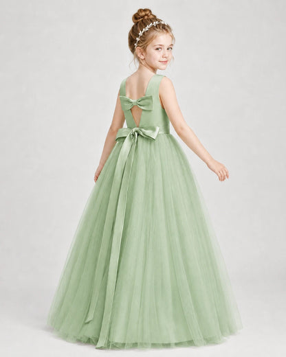 Dideyttawl Double Back Bow Satin Tulle Girl Formal Dress