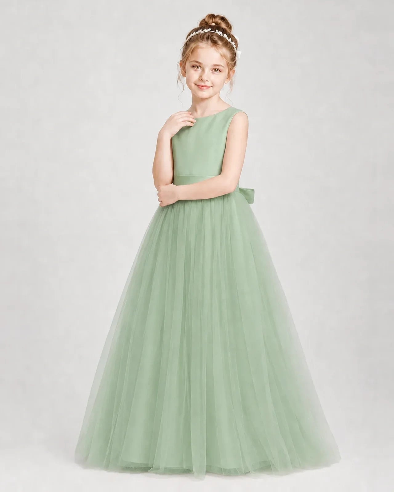 Dideyttawl Double Back Bow Satin Tulle Girl Formal Dress