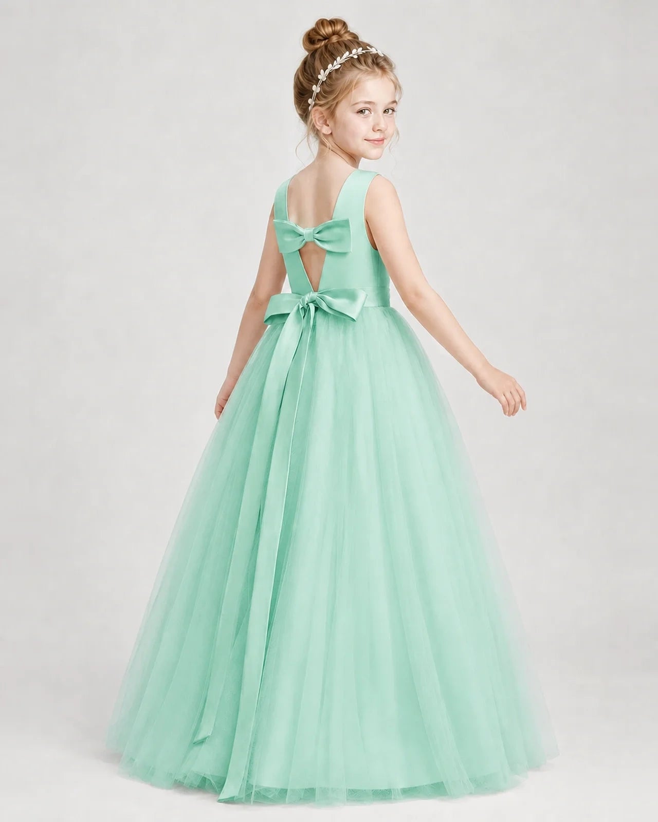 Dideyttawl Double Back Bow Satin Tulle Girl Formal Dress