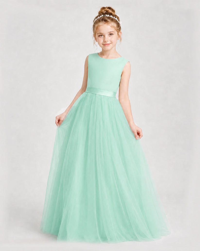 Turquoise Satin Tulle A-Line Girls Formal Dresses Front View
